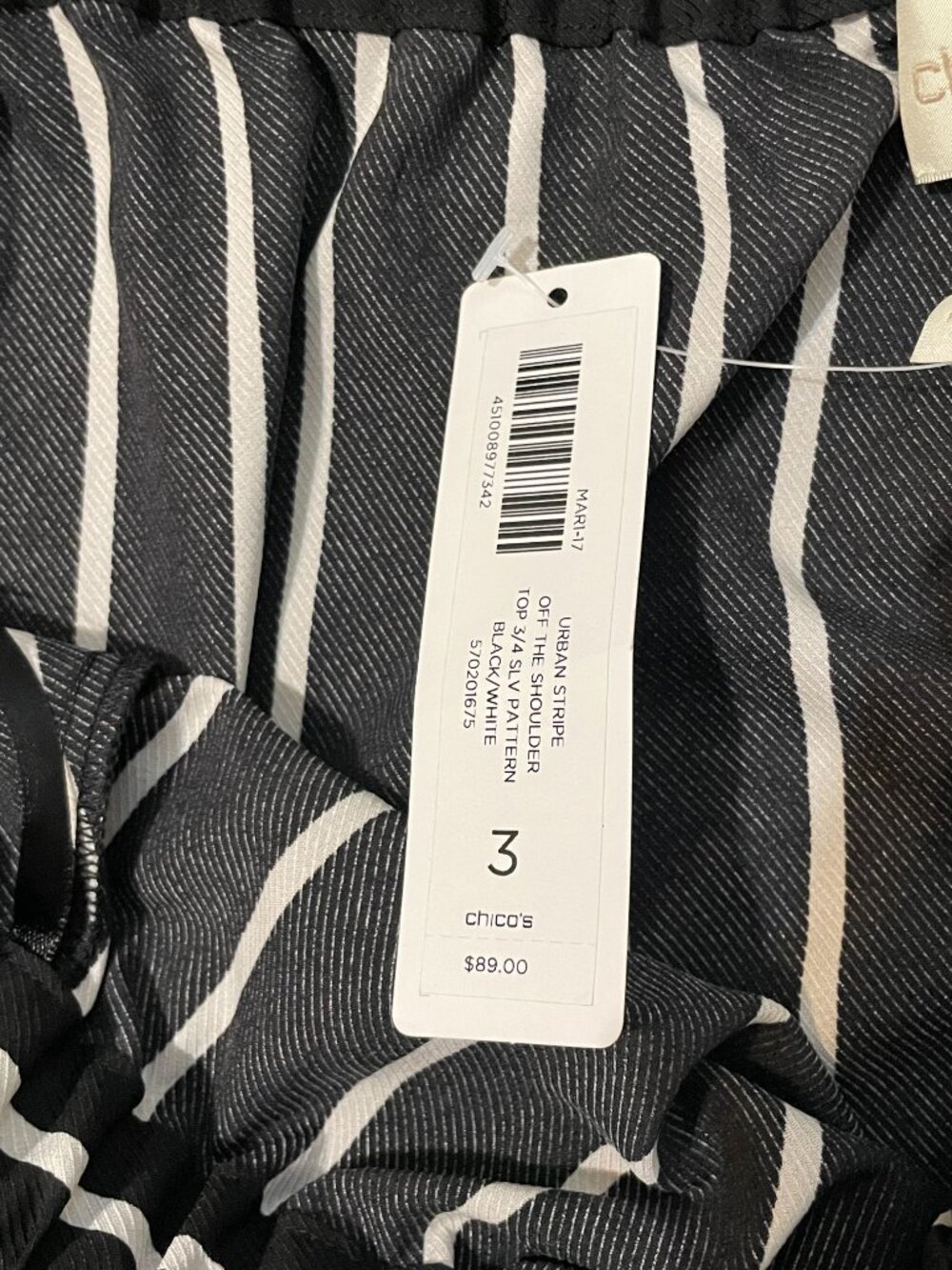 Women’s Chico’s Urban Stripe Off Shoulder Top Black White NWT Size 3 / XL - Picture 8 of 12